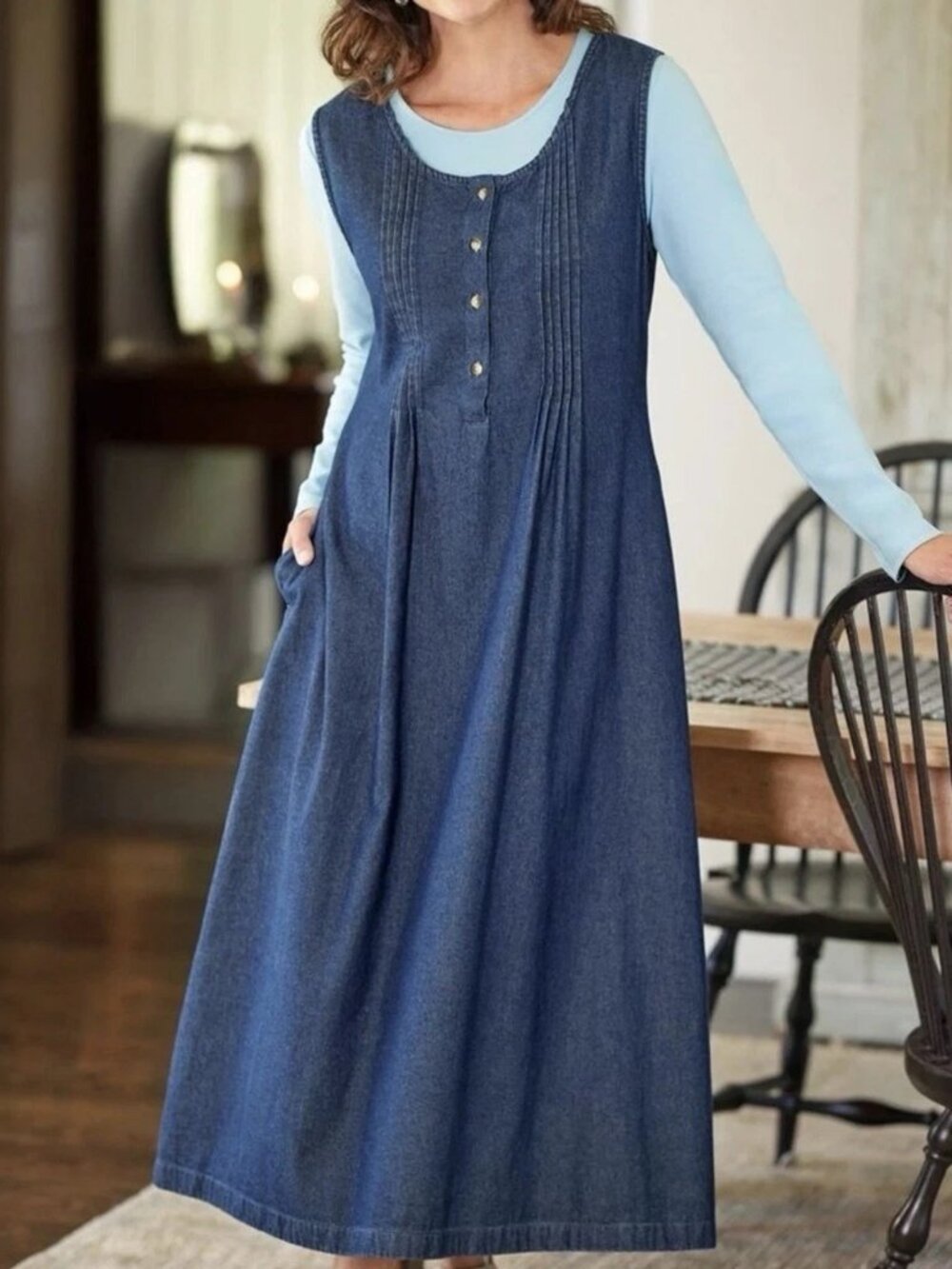 Vermont Country Store Denim Sleeveless Maxi Dress Pintuck Cottagecore L Petite